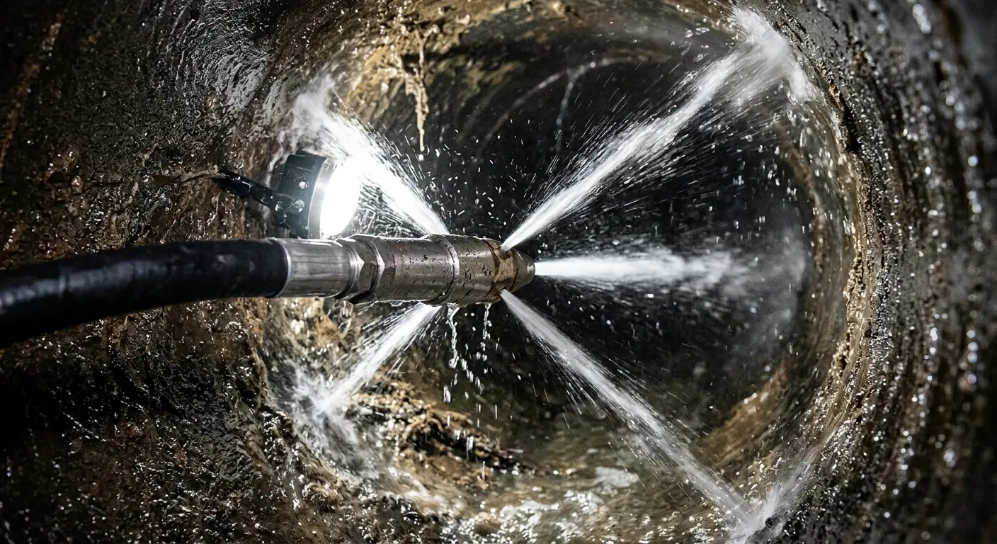 High-pressure hydro jetting nozzle cleaning sewer pipe for Sewer Cleanout in Channahon