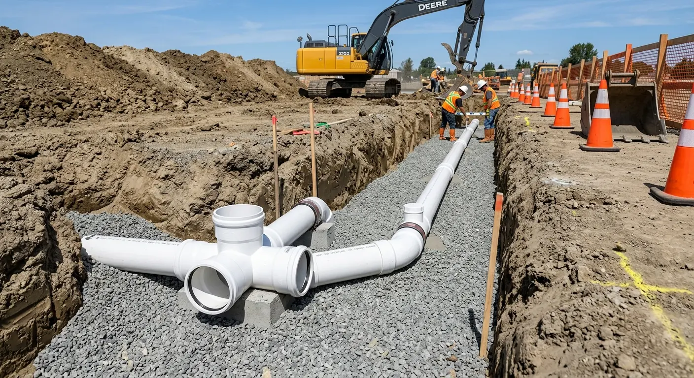 New PVC sewer pipe installation in open trench for Sewer Backup in Channahon