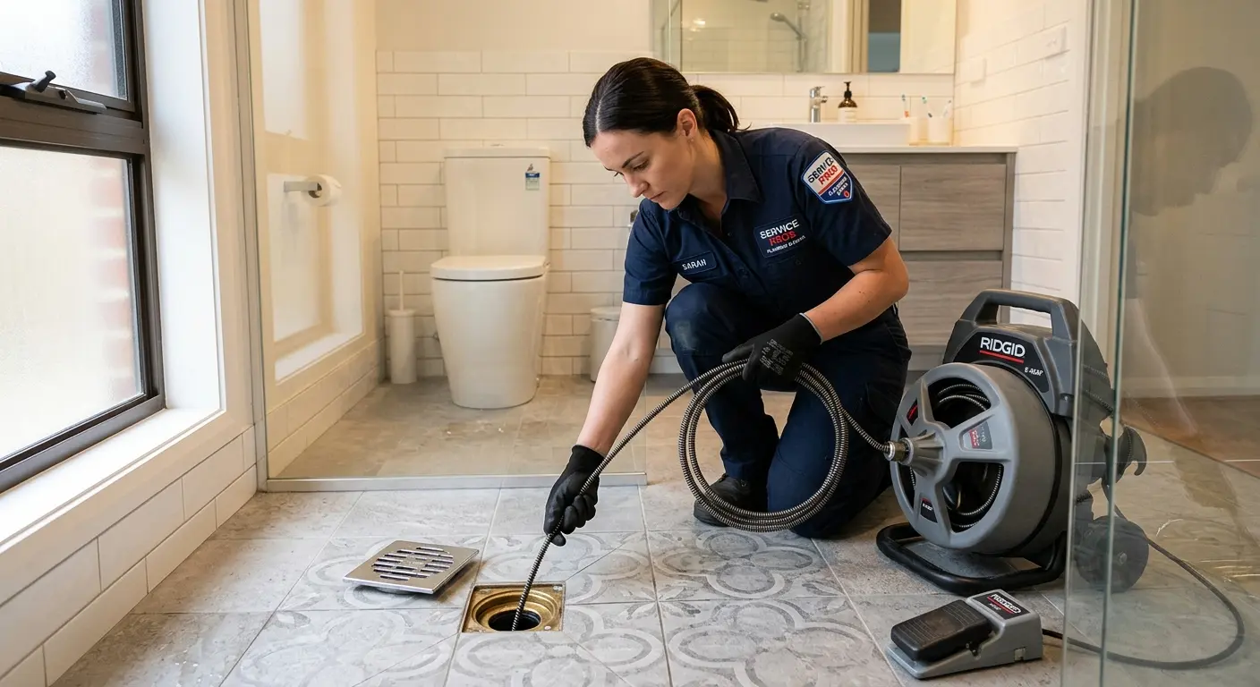 Technician clearing a bathroom floor drain for Sewer Line Replacement in Channahon